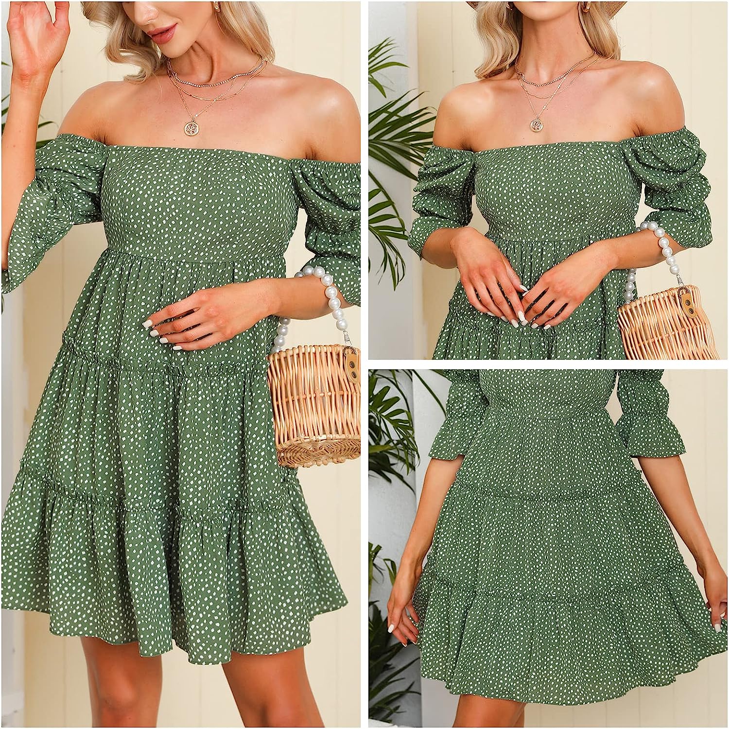EXLURA Women's Tie Back Square Neck Dresses Puff Elbow Sleeve Off Shoulder Tiered Ruffle Floral Backless Mini Dress - Image 5